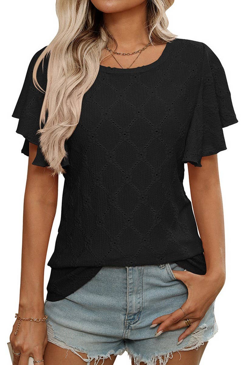 CWTTS1371_SUMMER FLOWER HOLLOW LOTUS SLEEVE CASUAL TOP