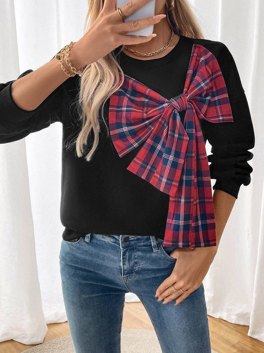 Bow round neck and fleece plaid patchwork hoodie