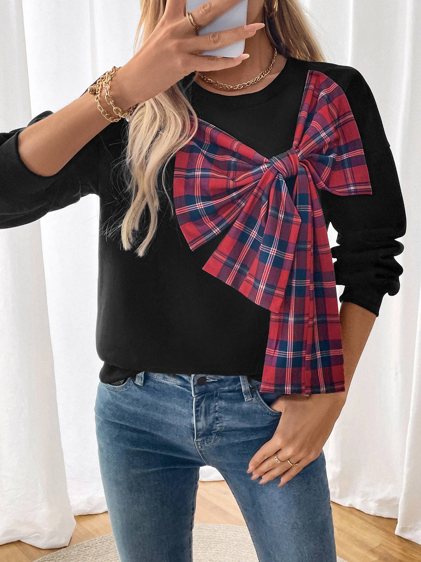 CREW NECK AND FLEECE PLAID BOW PATCHWORK HOODIE