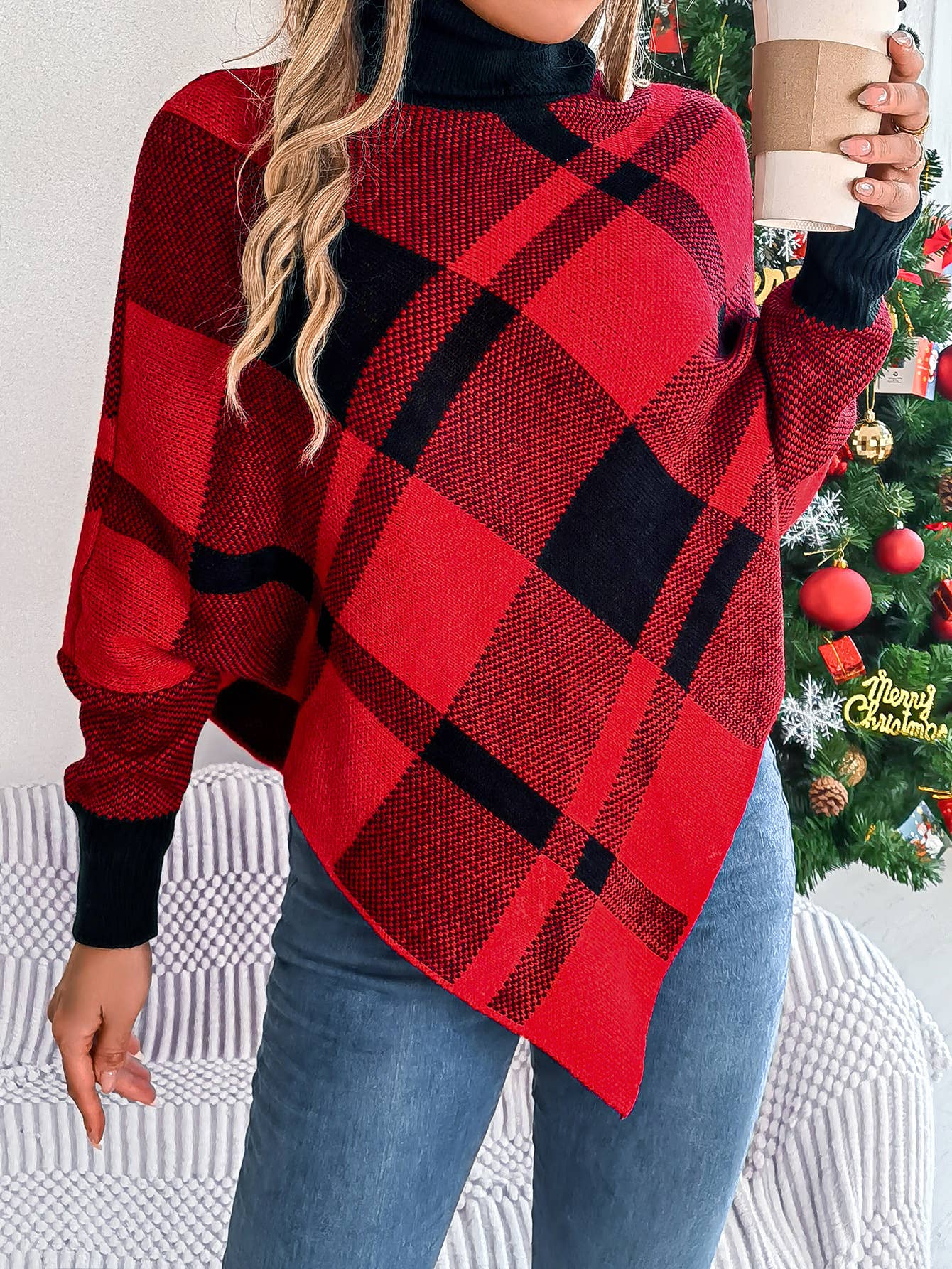 CASUAL CHECKERED TURTLENECK LONG-SLEEVED SWEATER