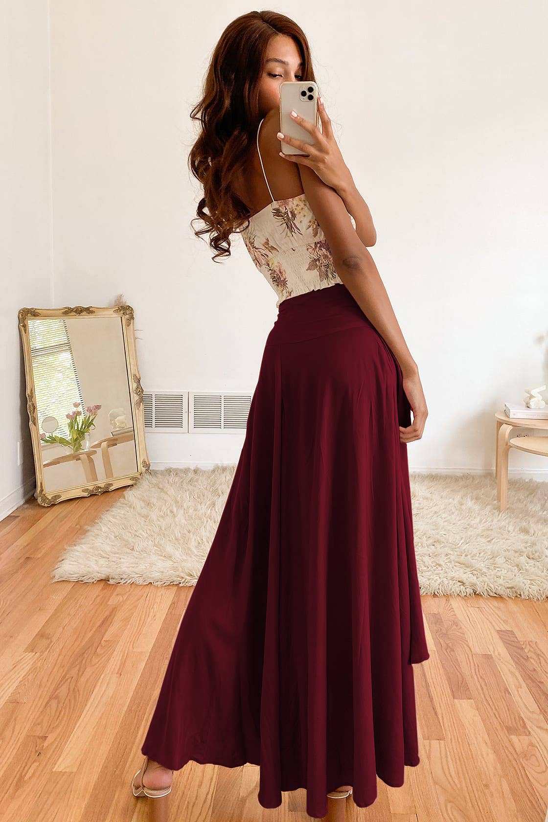 An elegant and flowing ruffled slit skirt