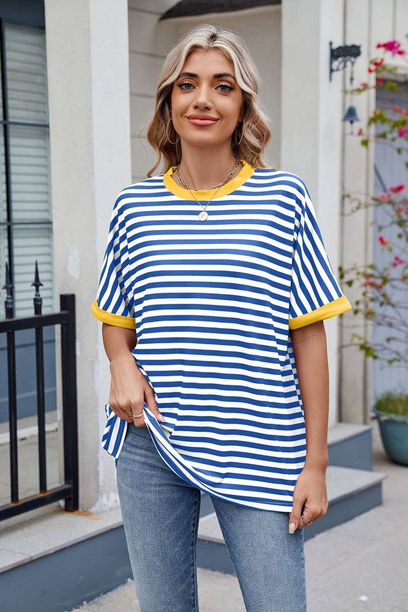 CWTTS1299_LOOSE STRIPED COLORBLOCK CREW NECK T-SHIRT TOP