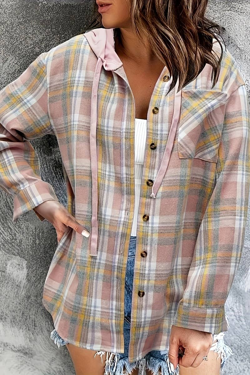 CWTSTL2118_WINTER HOODED PLAID BUTTON-DOWN SHIRT TOP COAT