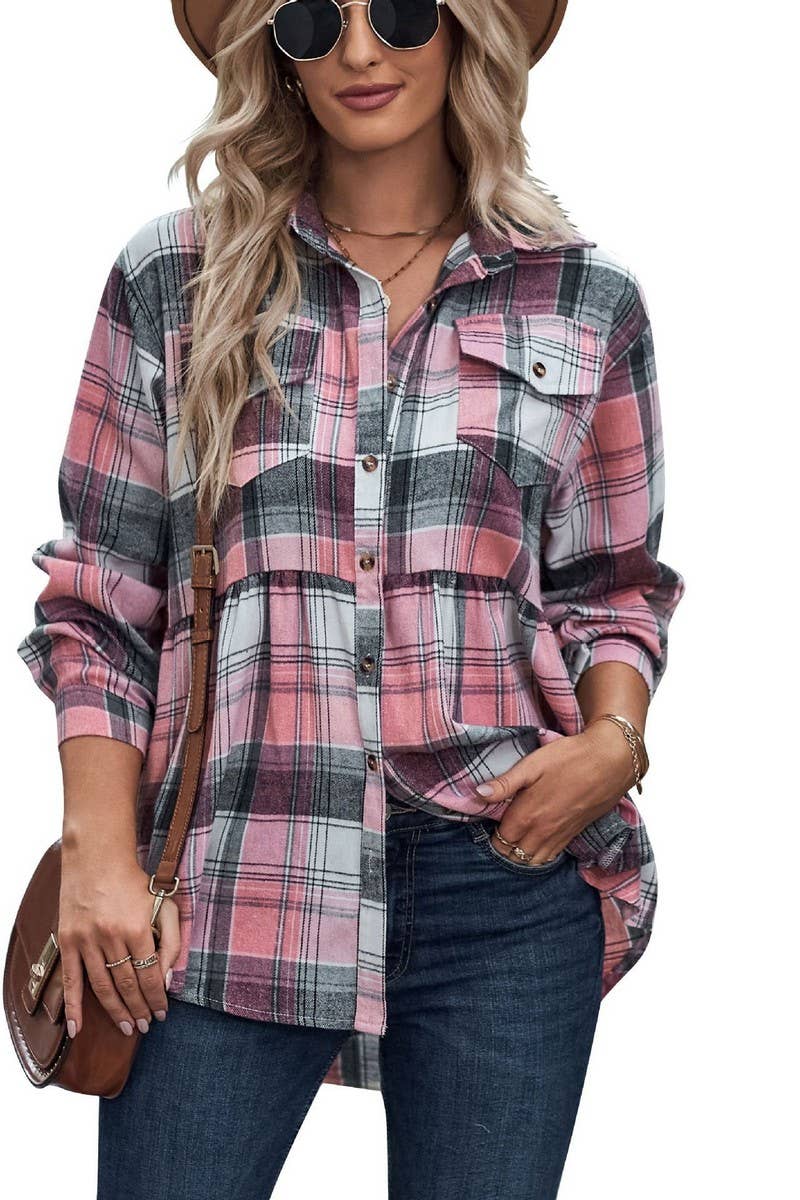 CWTSTL2484_LAPEL LONG SLEEVE POCKET CASUAL PLAID SHIRT