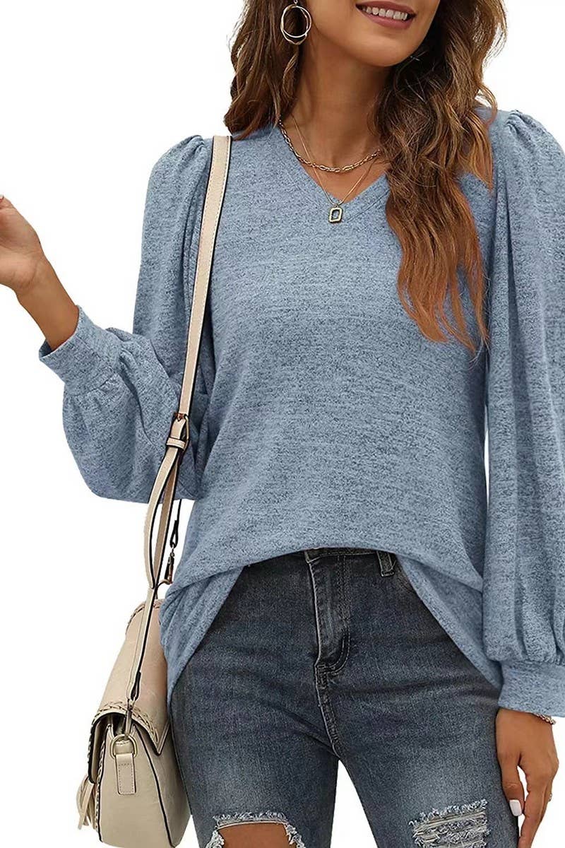 CWTBLL3691_CASUAL PUFF SLEEVE V-NECK BOTTOMING SHIRT