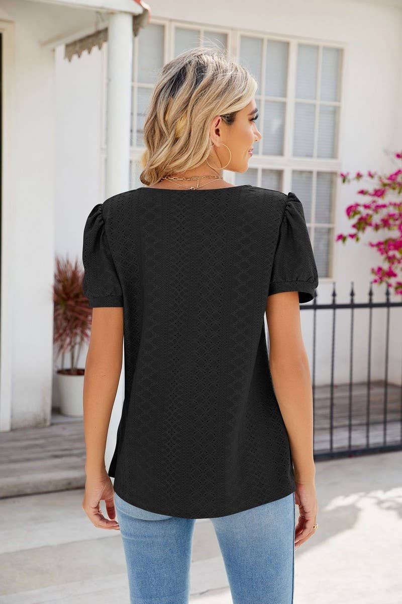 CWTBLS0877_SQUARE COLLAR SOLID COLOR SHORT-SLEEVED TOP