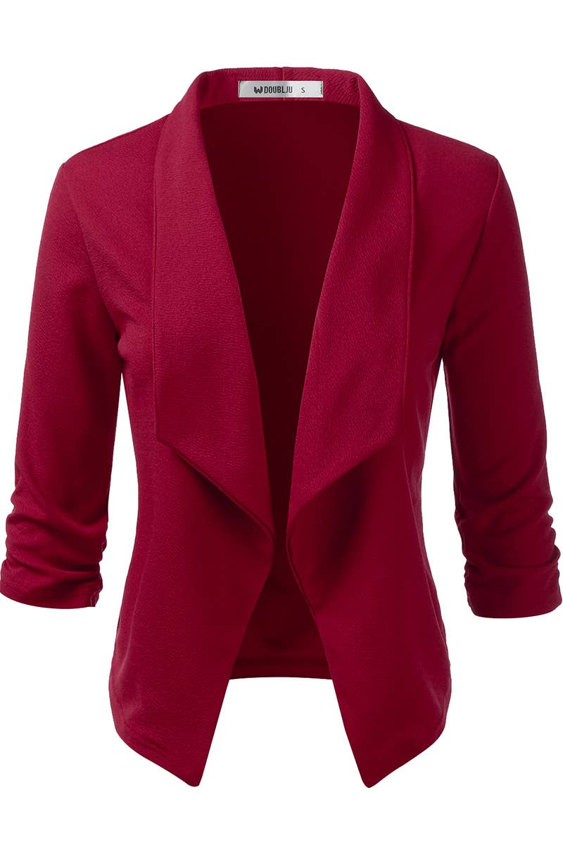 CWOBL091_Casual Work Ruched 3/4 Slv Open Front Blazer Jacket