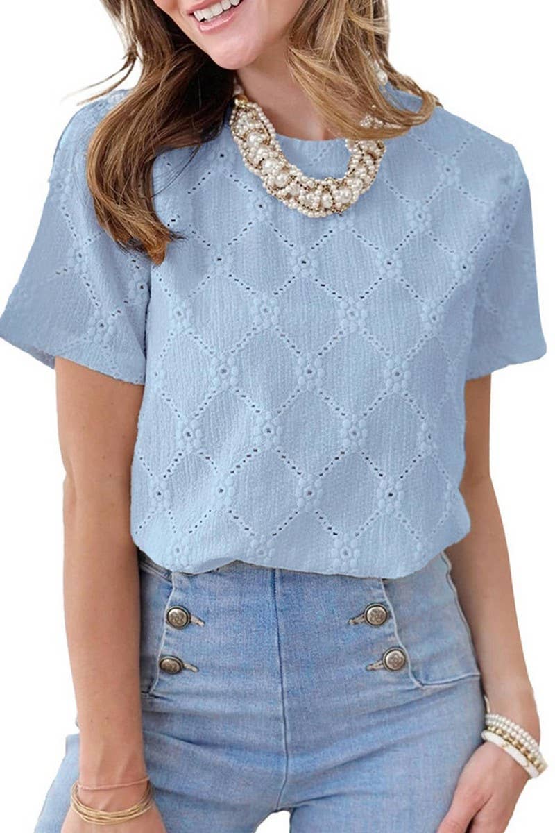 CWTTS1372_SUMMER ROUND NECK JACQUARD SHORT-SLEEVED T-SHIRT