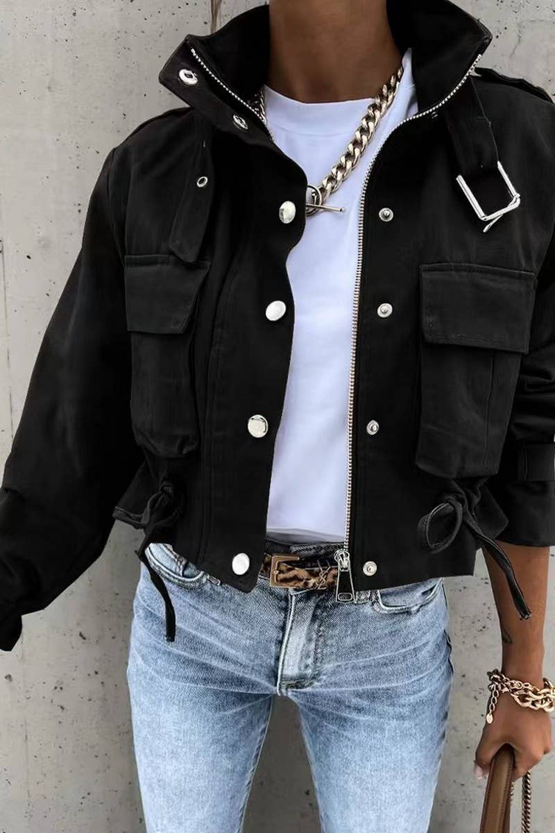 CWOCO1043_BUTTON ZIPPER POLO COLLAR PRINTED SHORT JACKET