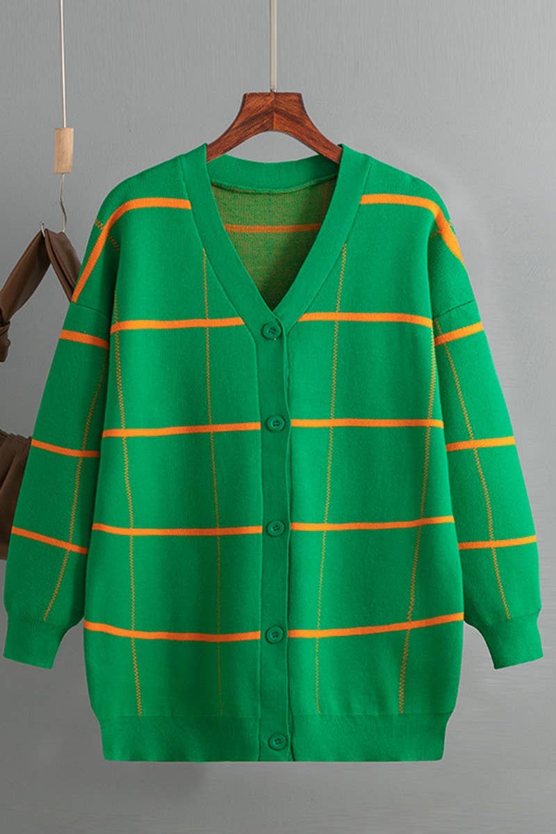 CWOCAL00671_STRIPED PLAID LOOSE KNIT CARDIGAN SWEATER