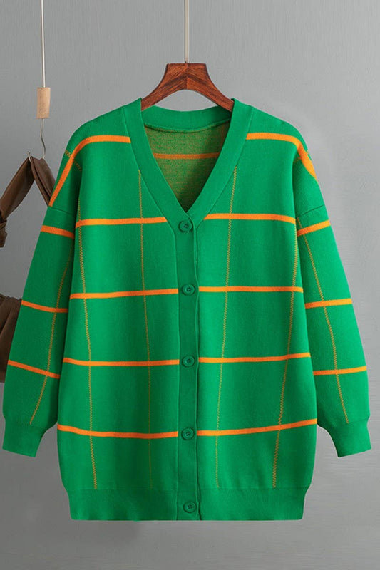 CWOCAL00671_STRIPED PLAID LOOSE KNIT CARDIGAN SWEATER