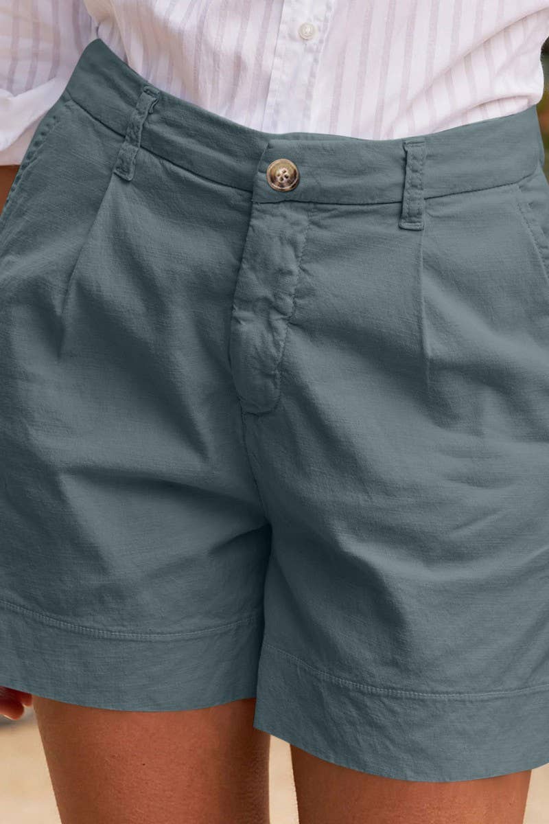 CWBSP0558_HIGH WAIST SOLID BUTTON WAIST CASUAL SHORTS