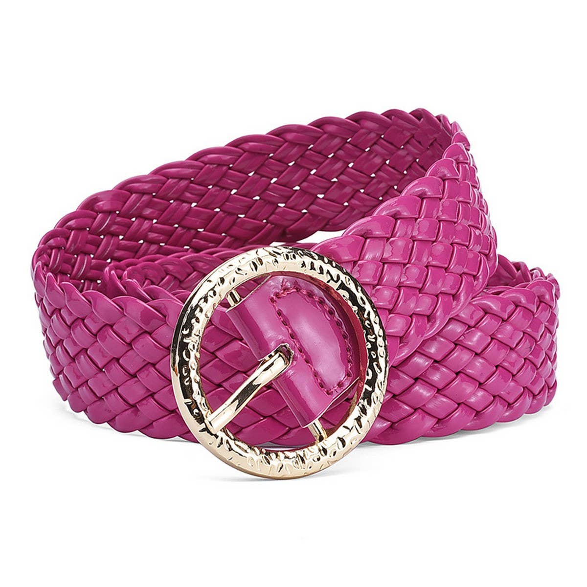 METAL ROUND BUCKLE PATENT LEATHER BRAIDED WIDE BELT