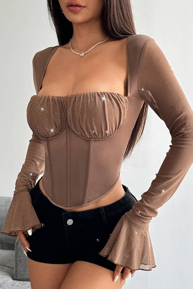 CWTBLL3648_BELL SLEEVE SEQUINED UNDERWIRED HERRINGBONE TOP