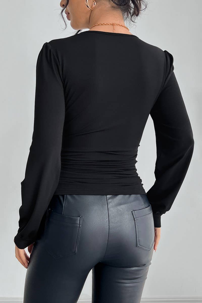 CWTBLL3916_SOLID V-NECK LACE RHINESTONE RUCHED TEE