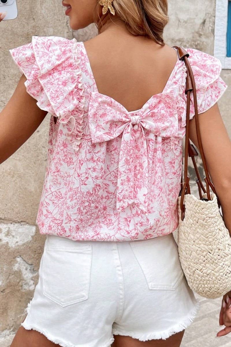 CWTBLS2268_PRINTED BOW BACK LAYERED RUFFLE SLEEVE SHIRT