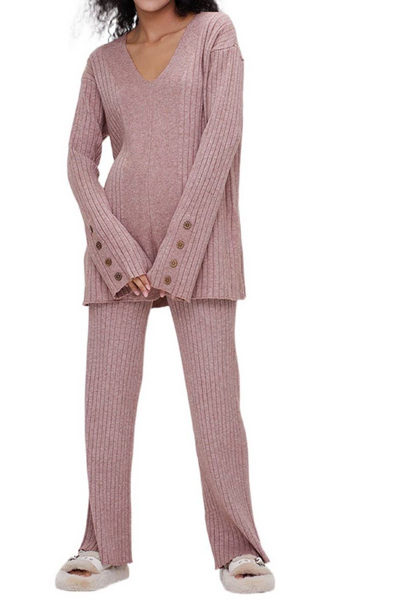 CWSTB1437_V-NECK KNITTED LONG-SLEEVED TROUSERS CASUAL SUIT
