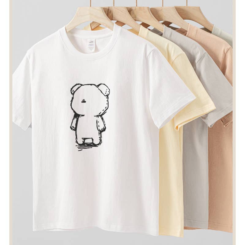 CWTTS0953_BLACK AND WHITE BEAR PRINT LOOSE CASUAL T SHIRT