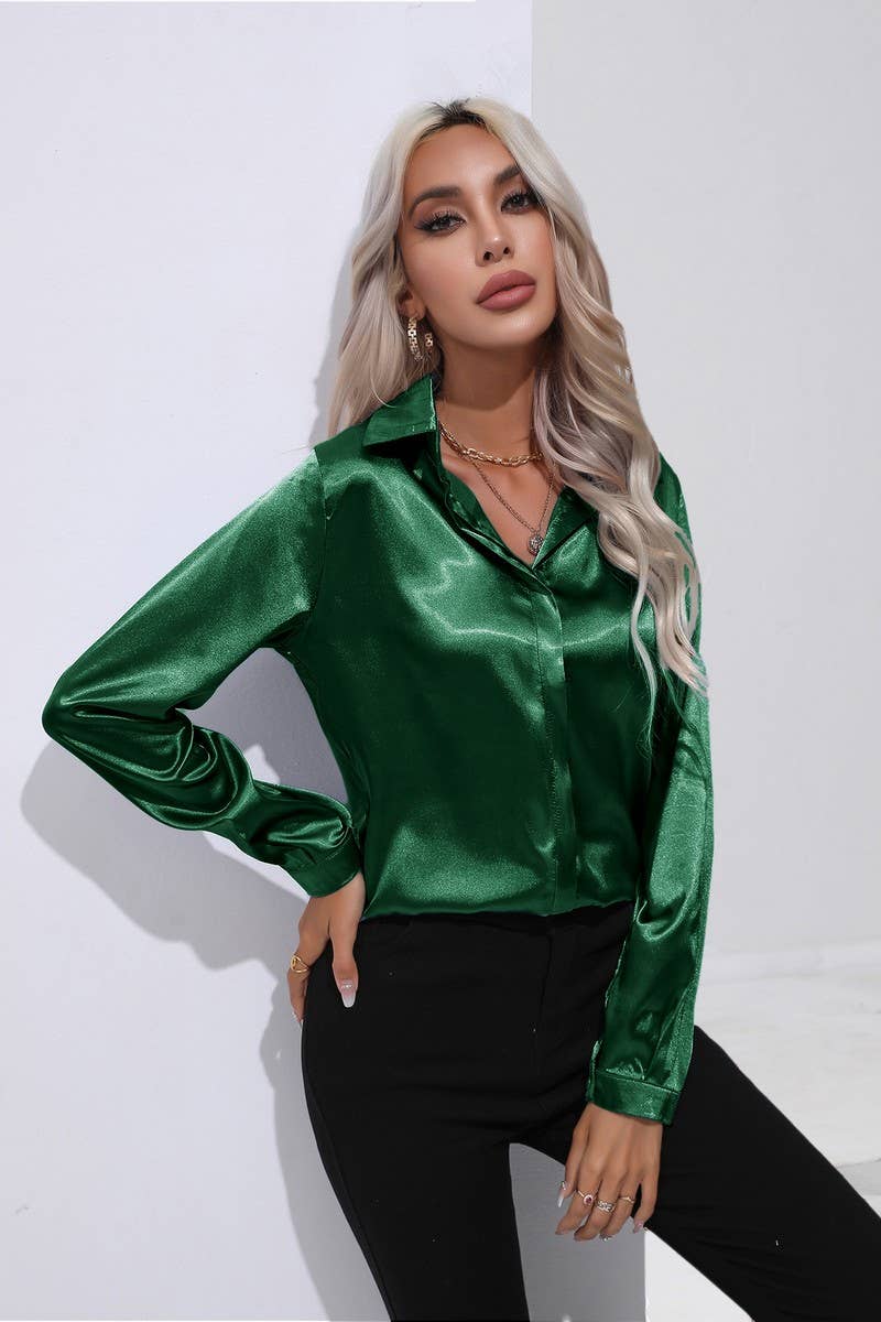 CWTBLL0692_Button Down Silky Satin Long Sleeve Top
