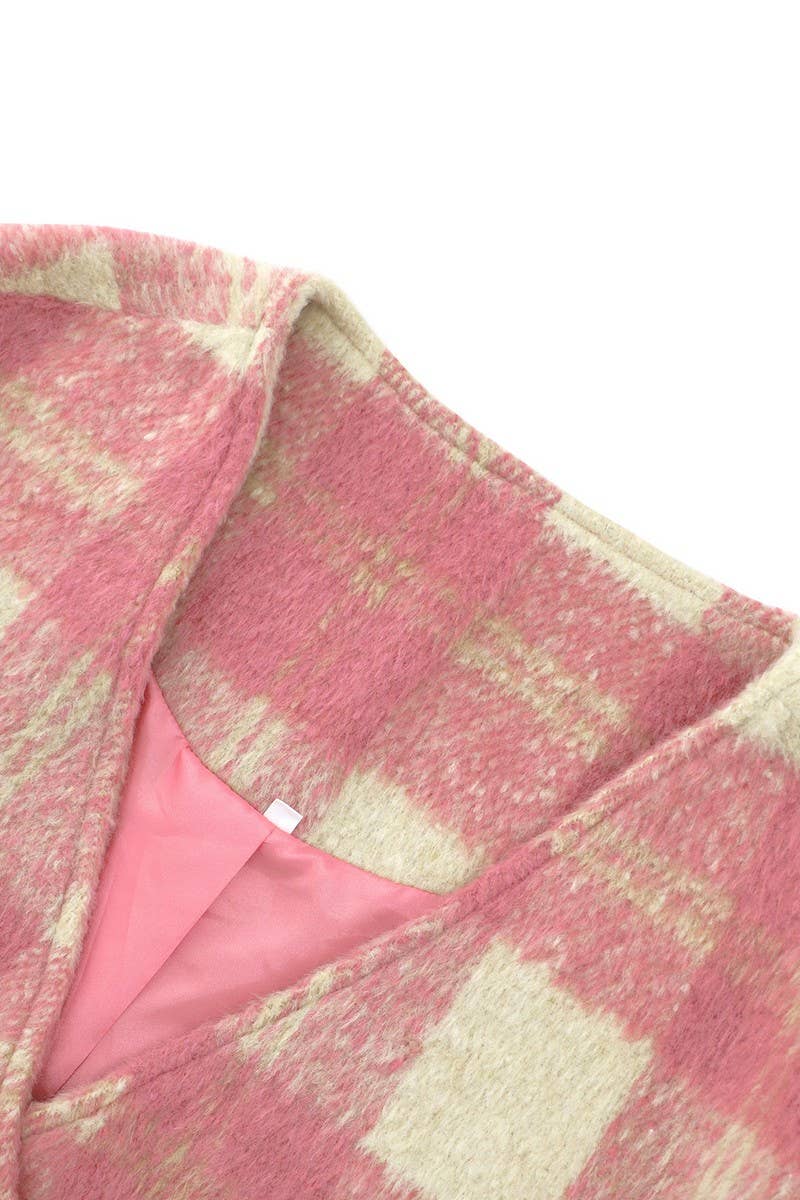 CWOCO0946_DOUBLE BREASTED PLAID V-NECK SCARF COAT