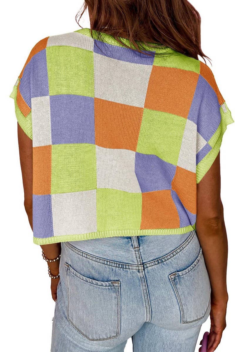 CWTTS1362_SUMMER NAVEL CHECKERBOARD SHORT SLEEVE KNIT TOP