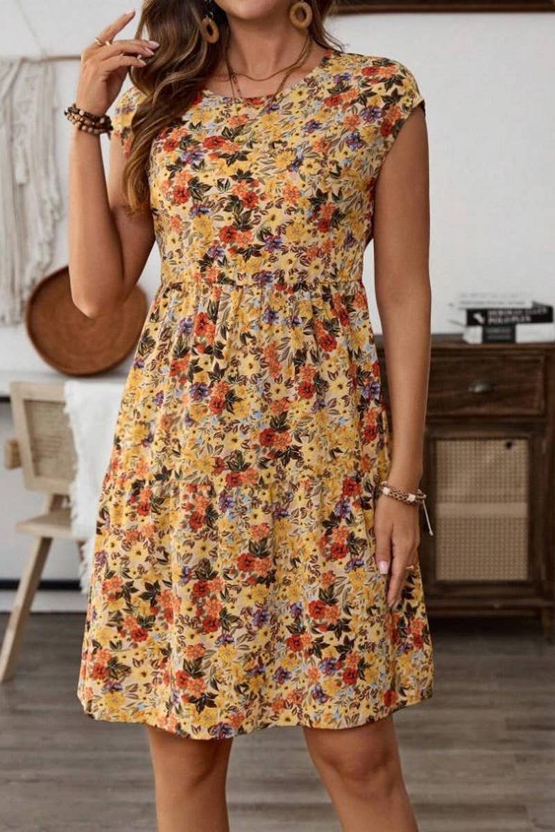 CWDSD8379_PRINTED ELASTIC WAIST SHORT SLEEVE DRESS