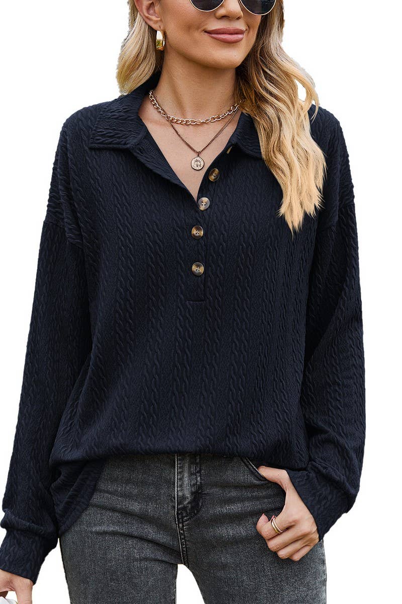 CWTBLL2415_SOLID COLOR LAPEL BUTTON LOOSE LONG SLEEVE TOP