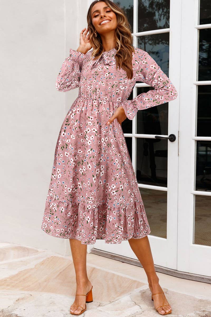CWDMD6204_FLORAL RUFFLE TRIM FLARE SLEEVE WAIST DRESS