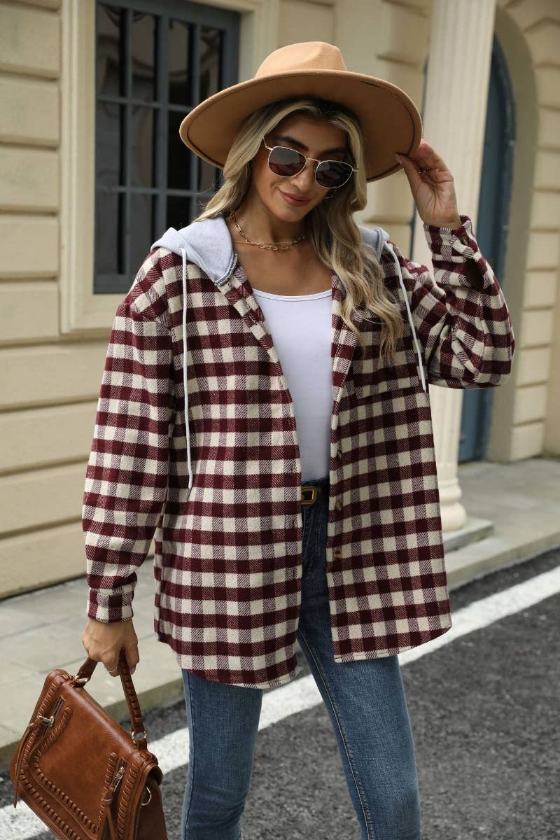 CWOCO0568_FALL PLAID HOODED PATCHWORK WOOLEN COAT