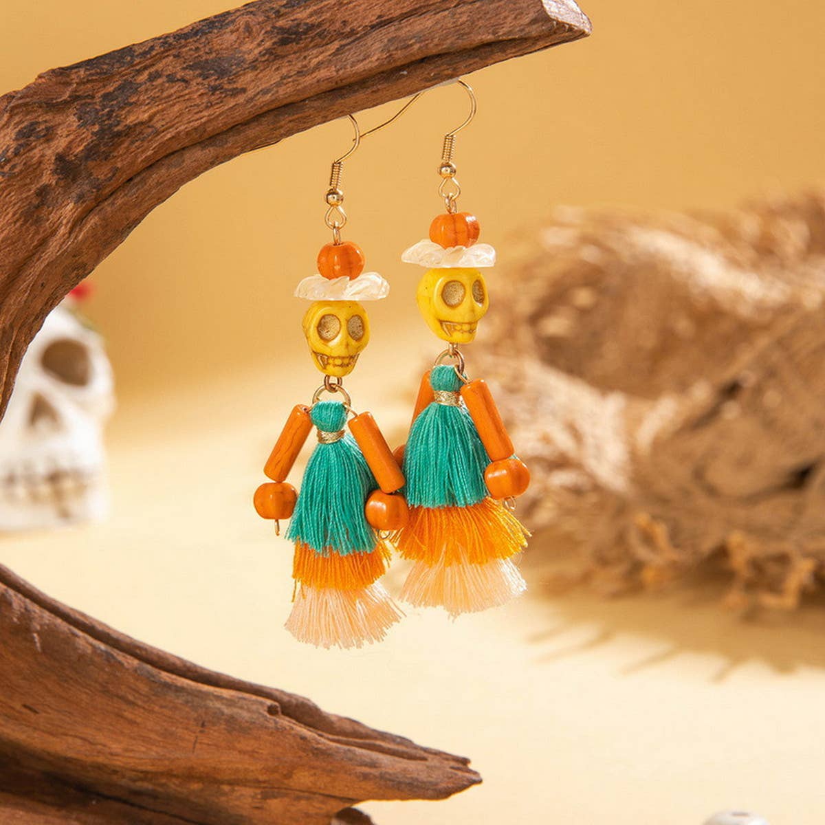 HALLOWEEN SKULL TASSEL RICE BEAD EARRINGS