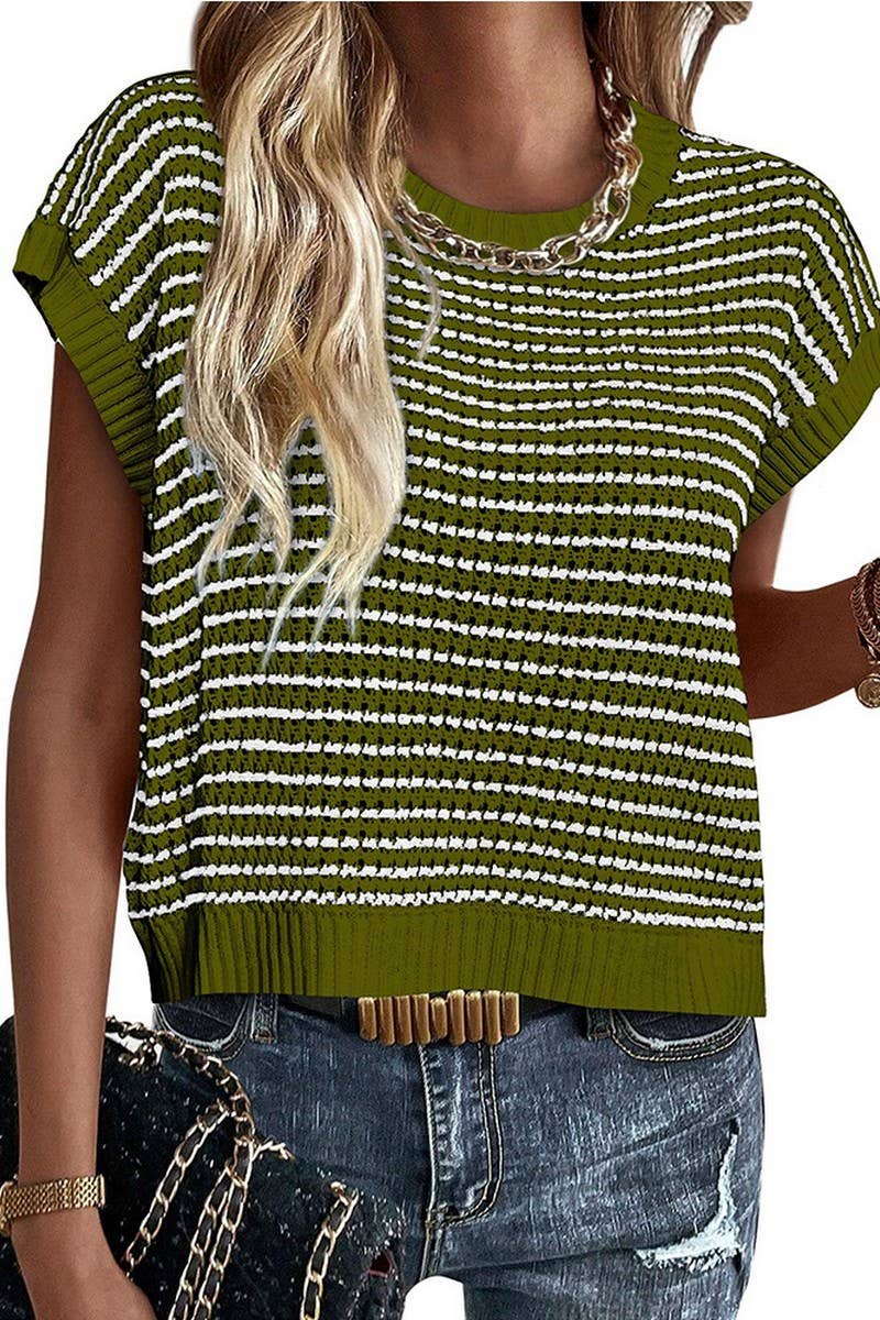 CWTTS1364_SUMMER CREW NECK CASUAL STRIPED KNITTED TOP