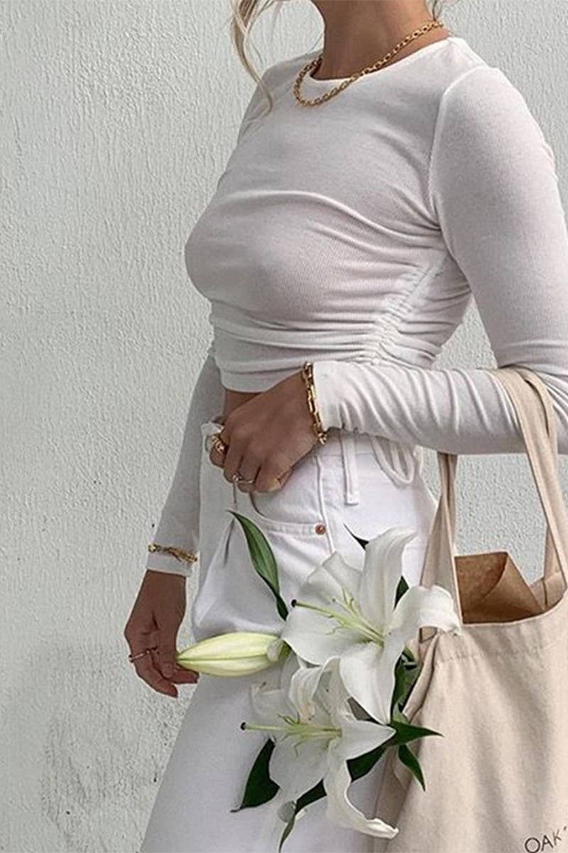 CWTBLL3778_RIBBED DRAWSTRING LONG SLEEVE T-SHIRT CROPPED TOP