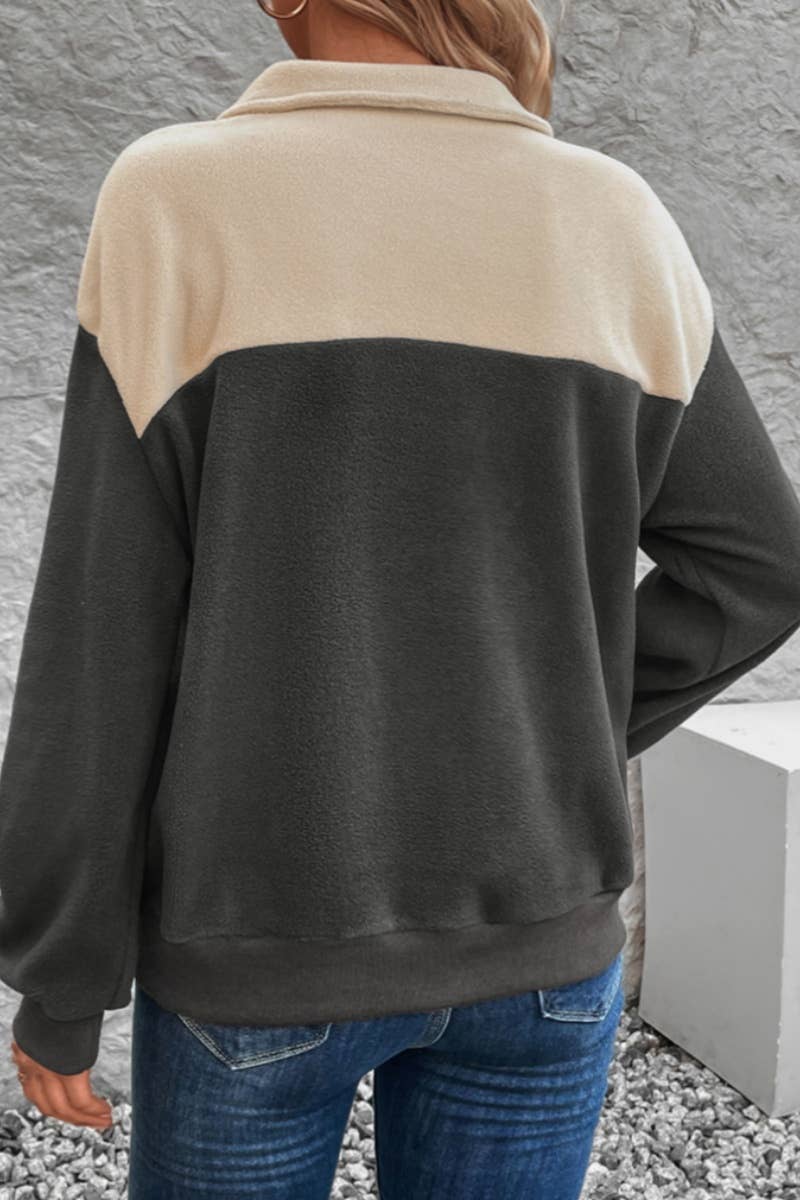 CWOHOL1003_COLOR CONTRAST HIGH NECK BUTTON FLEECE HOODIE