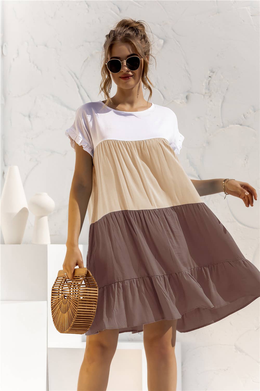 Color contrast baggy cake multi-layer hem dress