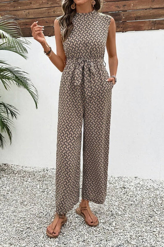 CWSJS1551_SUMMER GEOMETRIC PRINT SLEEVELESS TIE JUMPSUIT