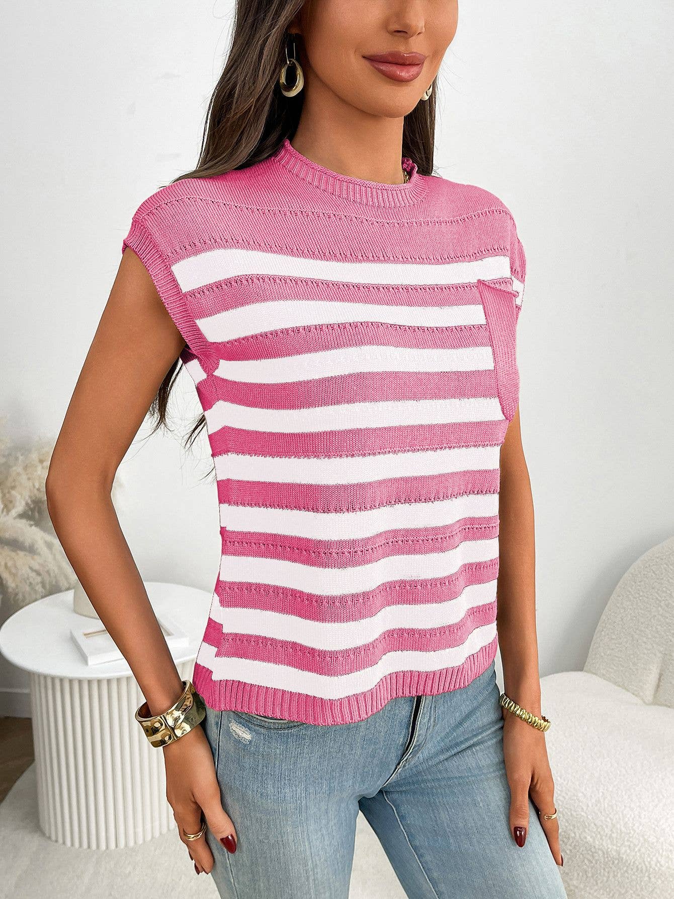 Color-blocking striped short-sleeved sweater