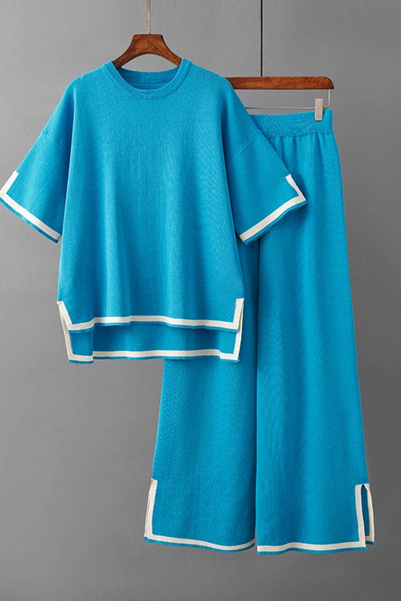 CWSTB00422_COLORBLOCK KNIT TOP & HIGH WAIST WIDE LEG SET