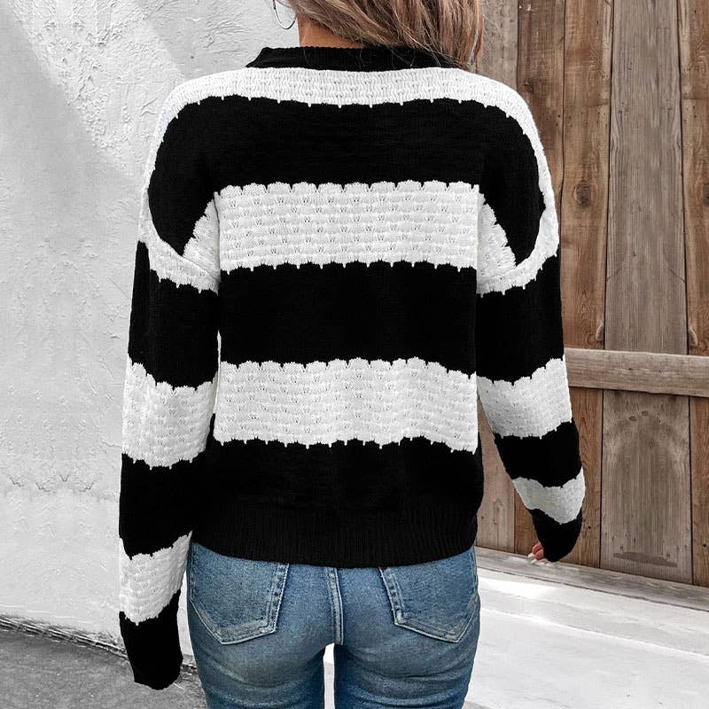 Black and white striped knitted pullover sweater