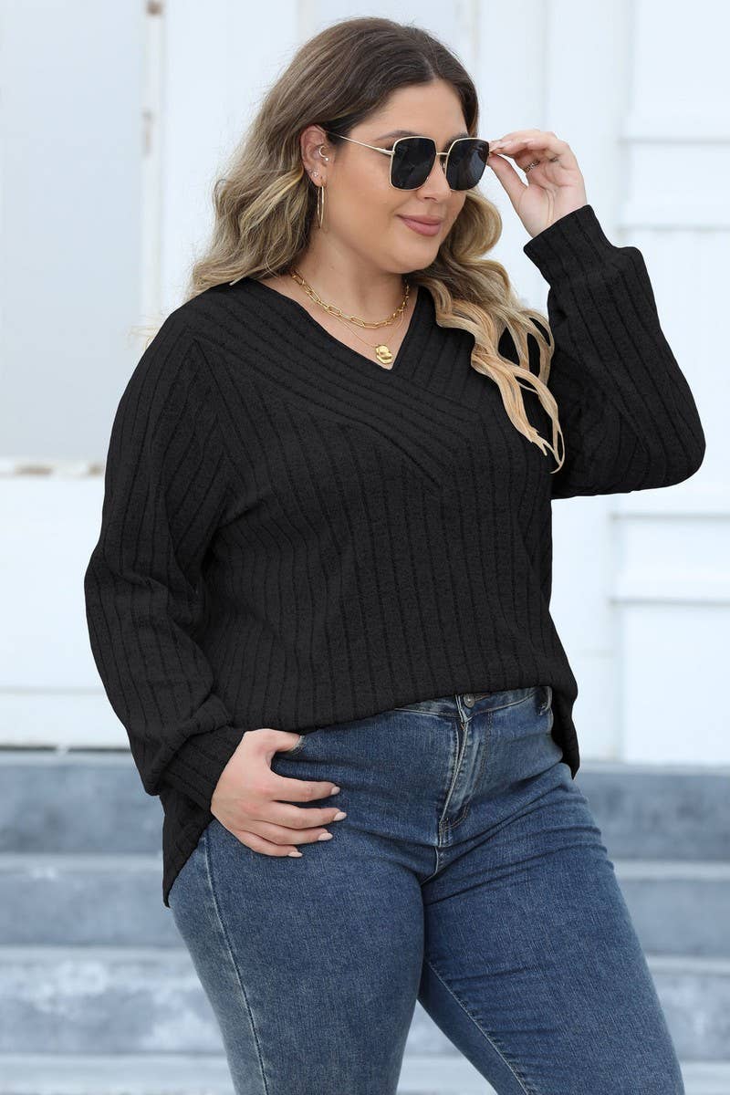 CWTTL1311_PLUS Size V-Neck Long Sleeve Pullover Top