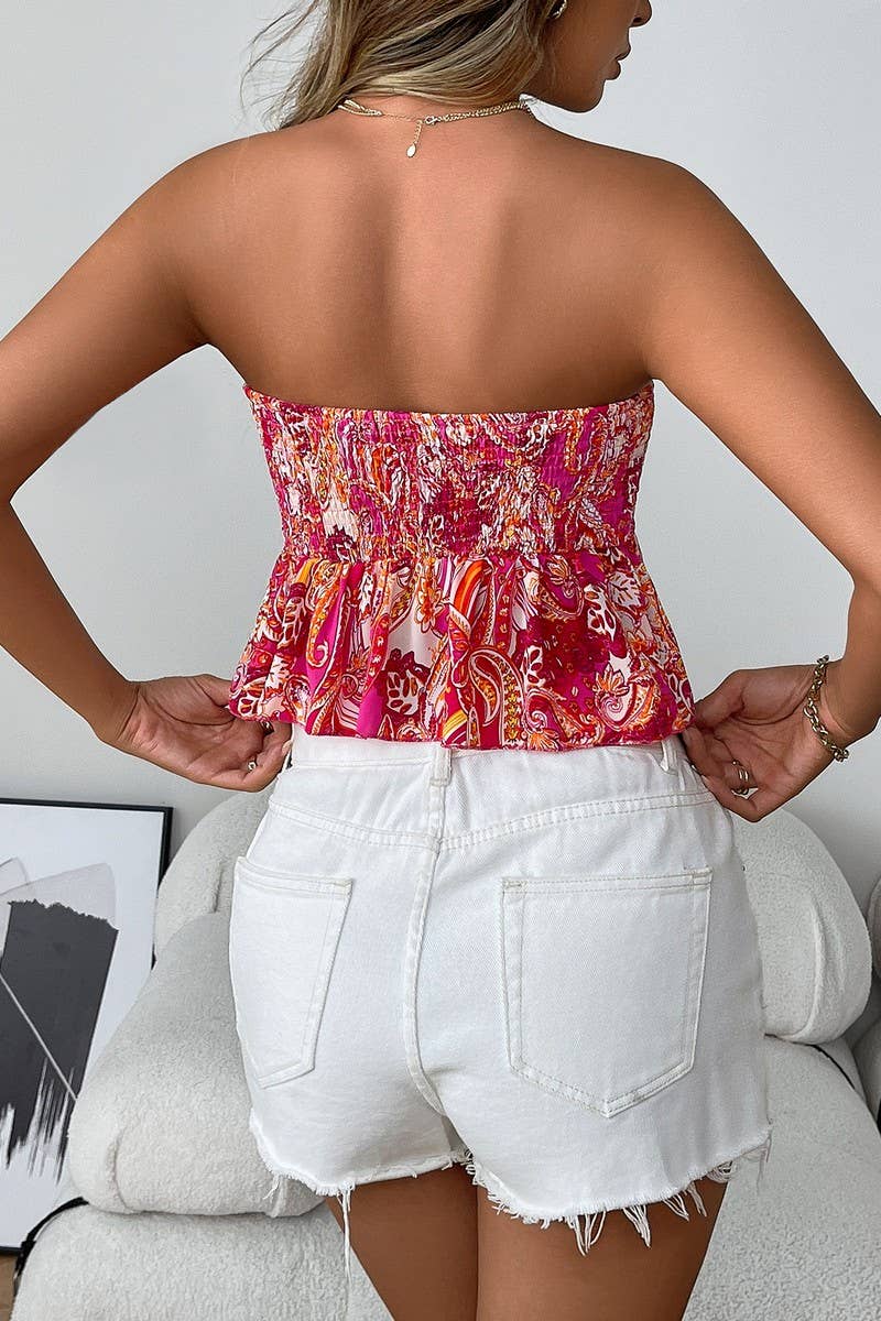 CWTTT0071_FLORAL RUCHED STRAPLESS OFF SHOULDER CROP TOP