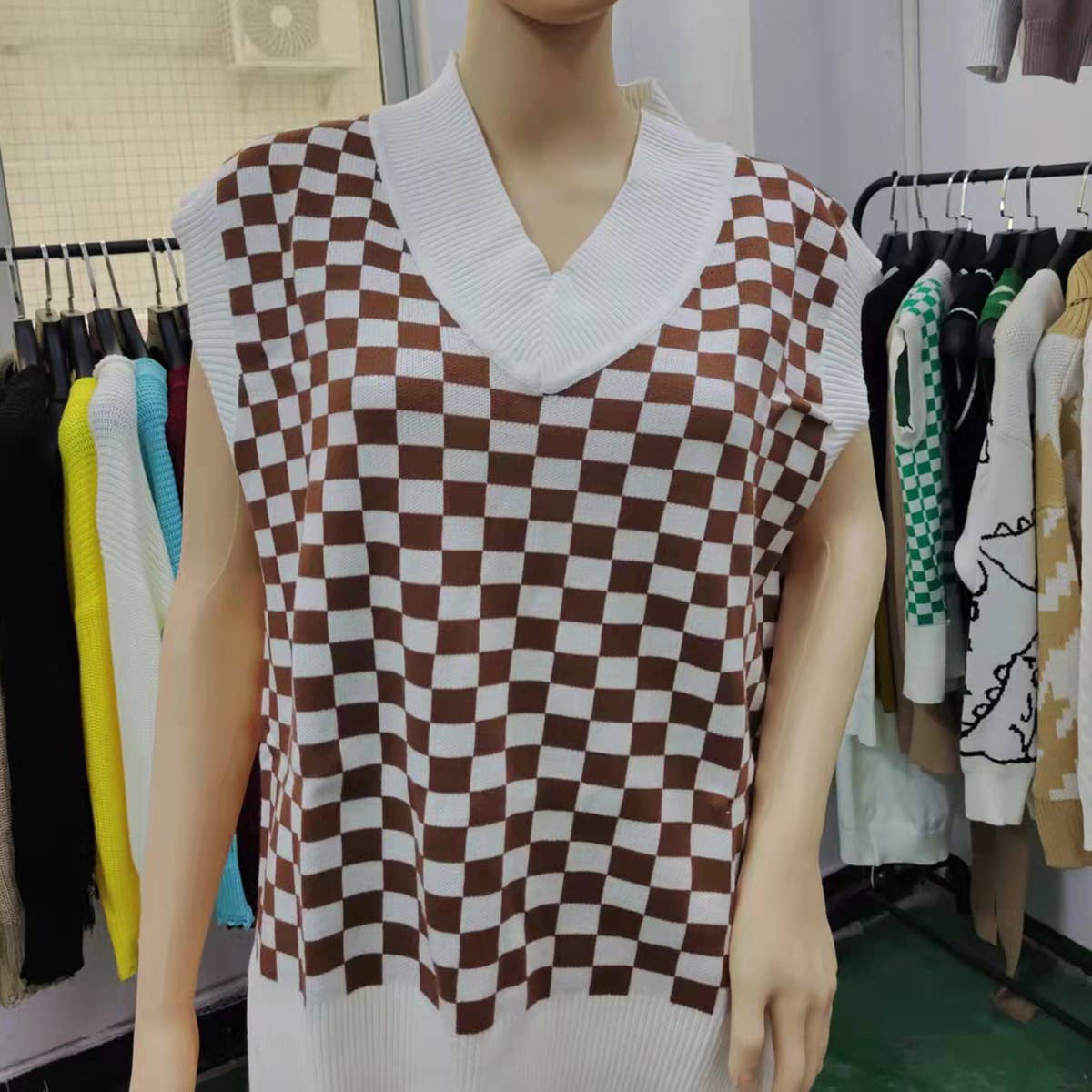 COLOR CONTRAST PLAID TEMPERAMENT V-NECK WOOL VEST