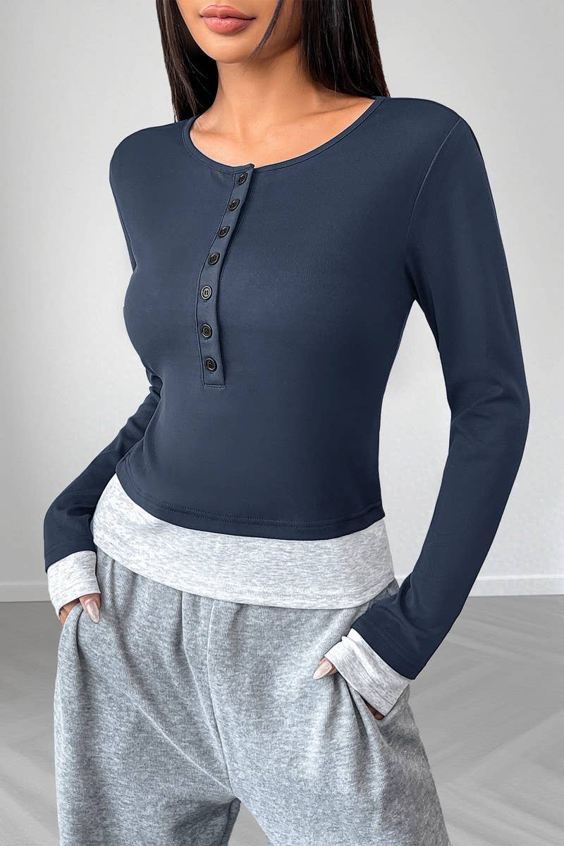 CWTBLL00735_SLIM FIT COLORBLOCK MOCK LAYER LONG SLEEVE TOP