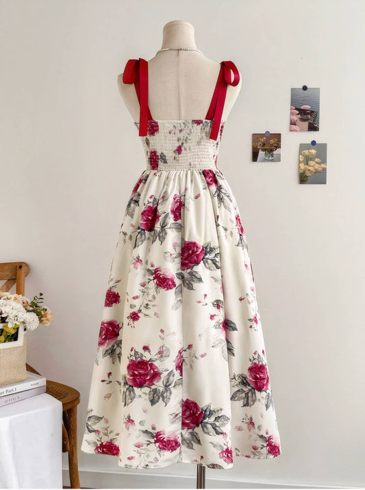 Floral print elegant cinched waist halter dress