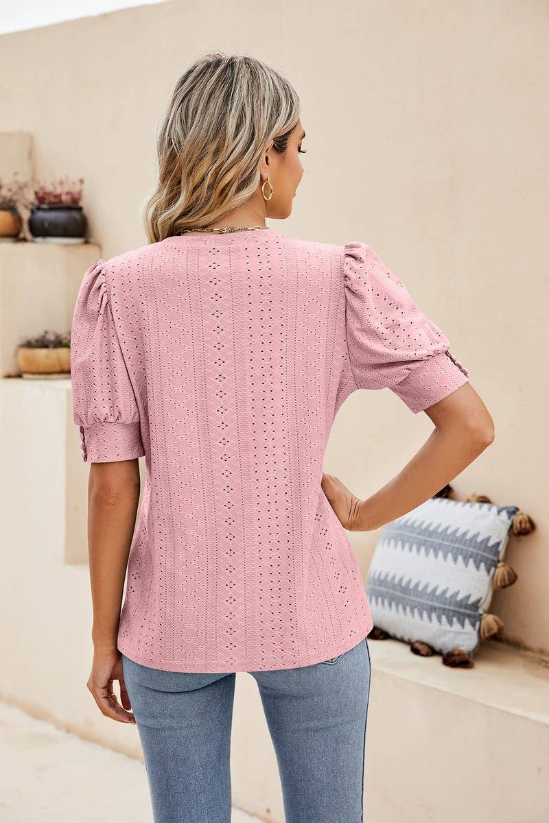 CWTBLS0615_ HOLLOW PUFF SLEEVES SHORT SLEEVED BLOUSE TOP