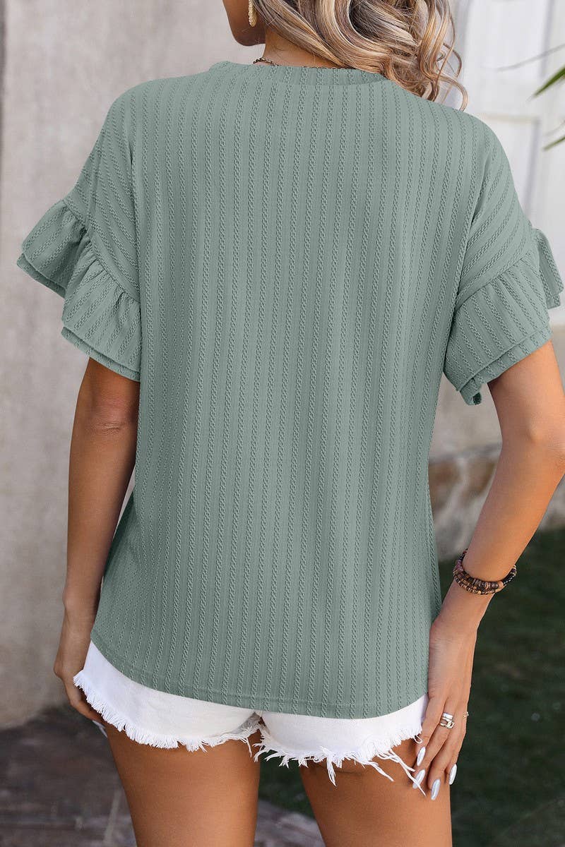 CWTBLS0906_ROUND NECK SHORT SLEEVE SHIRT WITH LOTUS SLEEVES