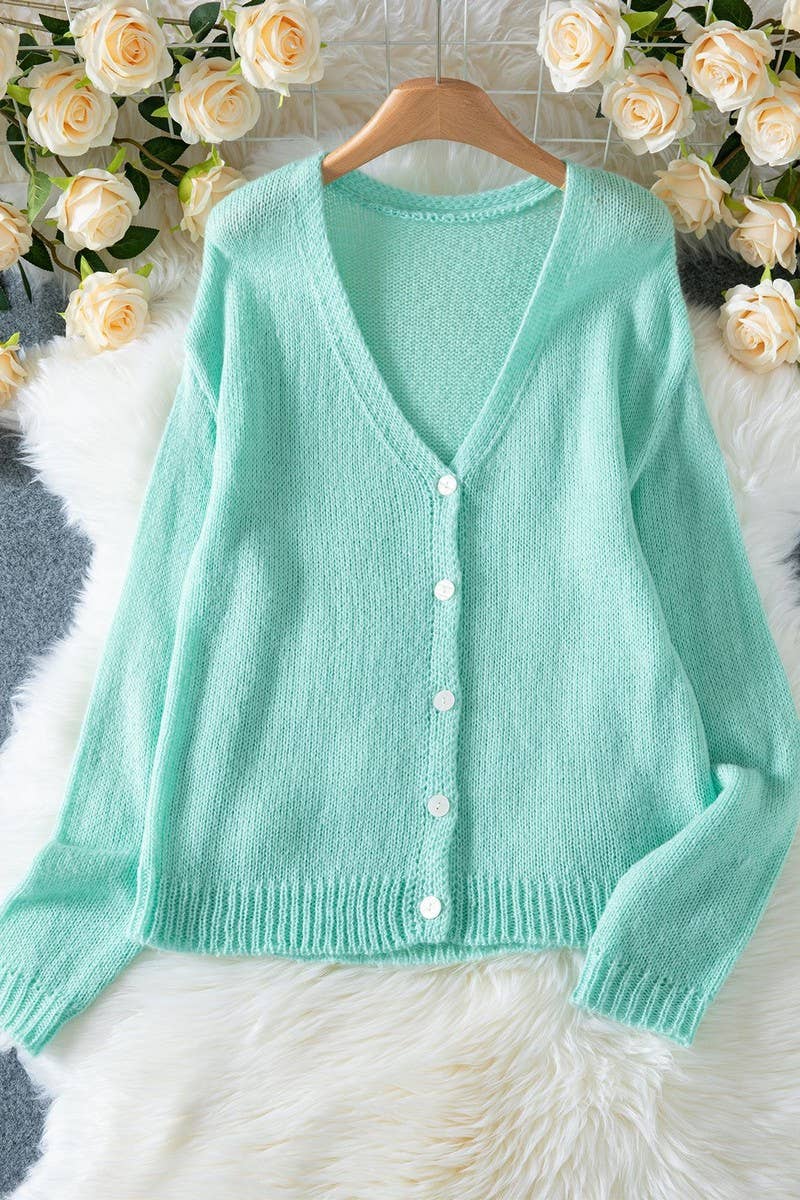 CWOCAL00721_DEEP V NECK SOLID BUTTON KNIT CARDIGAN