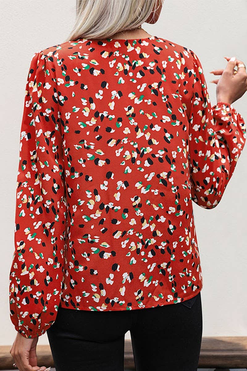 CWTBLL1719_V-NECK PRINTED LONG-SLEEVED RED SHIRT