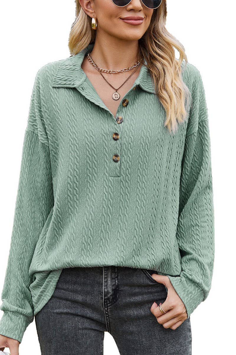 CWTBLL2415_SOLID COLOR LAPEL BUTTON LOOSE LONG SLEEVE TOP