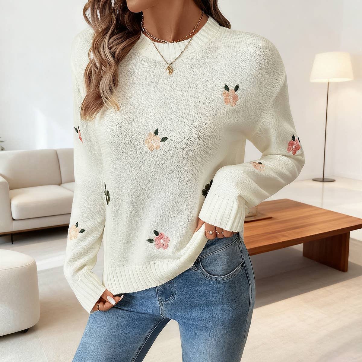 Flower-embroidered round-neck pullover sweater