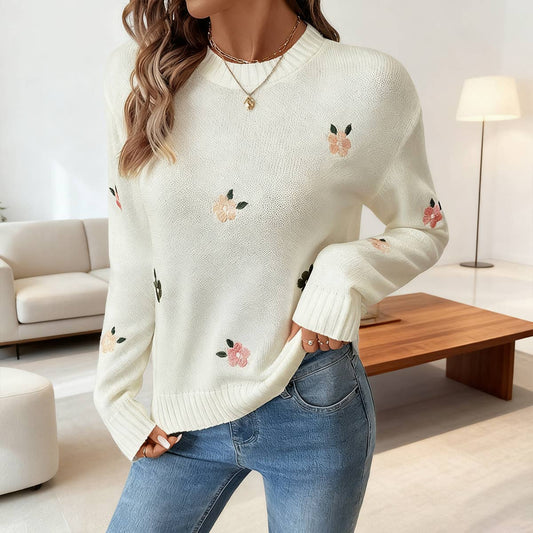Flower-embroidered round-neck pullover sweater